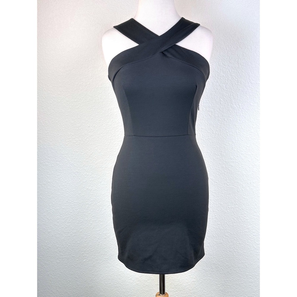 LOVE Black Bodycon Mini Dress Cross Back Halter LBD Club Party‎ S Minimalist